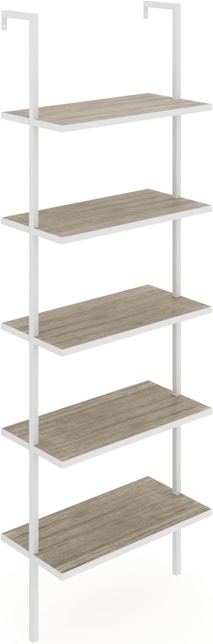 Nathan James Theo 5-Shelf Modern Bookcase, Open Wall Mount Ladder Bookshelf with Industrial Metal Frame, Gray Oak Wood/White - LeafyLoom