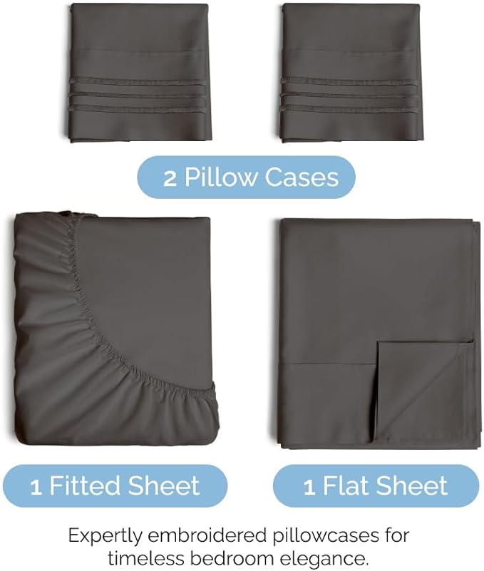 Cal King Size 4 Piece Sheet Set - Comfy Breathable & Cooling Sheets - Hotel Luxury Bed Sheets for Women & Men - Deep Pockets, Easy-Fit, Soft & Wrinkle Free Sheets - Charcoal Oeko-Tex Bed Sheet Set - LeafyLoom