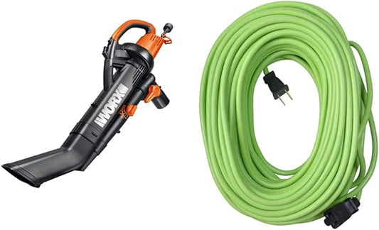 WORX WG505 TRIVAC 12 Amp 3-in-1 Electric Blower/Mulcher/Vacuum and Yard Master 9940010 120-Foot Outdoor Garden Extension Cord - LeafyLoom