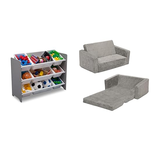 Delta Children MySize 9 Bin Plastic Toy Organizer - Greenguard Gold Certified, Grey & Serta Perfect Extra Wide Convertible Sofa to Lounger, Comfy 2-in-1 Flip Open Couch/Sleeper for Kids, Grey - LeafyLoom