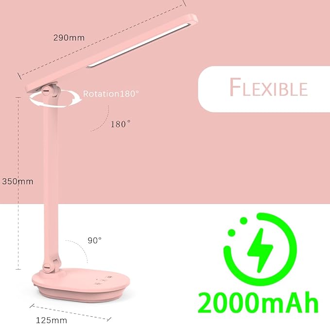 Pink Desk Lamp College Dorm Essentials for Girls, 3 Color Dimmable Reading Lamp, Battery Operated, USB Rechargeable Powered, Cordless, Portable, Cute LED Desk Lamps for Home Office, Bedrooms, Study - LeafyLoom