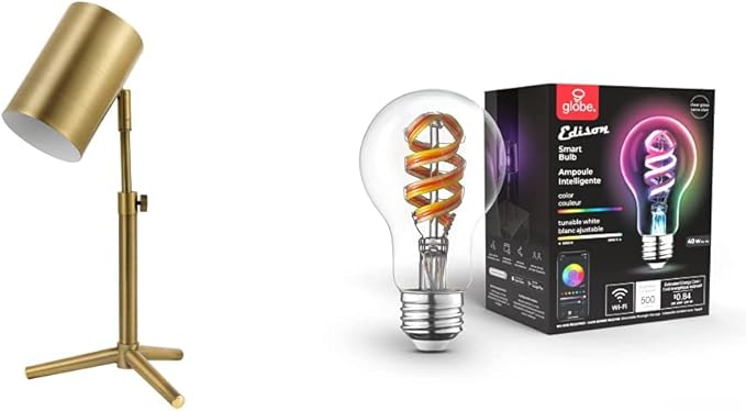 Globe Electric 52097 Pratt 18 in. Matte Brass Desk Lamp + 35850 Wi-Fi Smart 7W (40W Equivalent) Multicolor Changing RGB Tunable White Clear LED Light Bulb - LeafyLoom