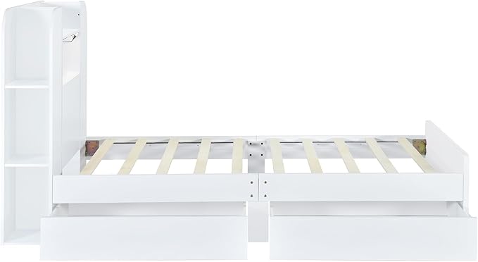 Merax Twin Bed Frame with Shelves and Storage Drawers Underneath,White Twin Size Platform Bed with Headboard and Light - LeafyLoom