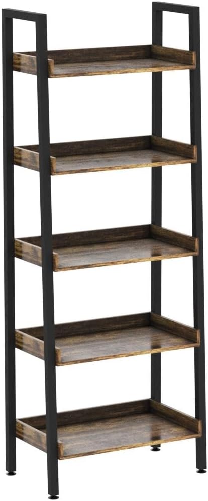 ASTARTH Ladder Shelf-5 Tier Bookshelves w/Open Shelf for Storage, Industrial Bookshelf & Tall Ladder Shelf-Metal Frame for Bedroom, Living Room, Kitchen-67.3'' H, Easy Assembly, Rustic Brown - LeafyLoom