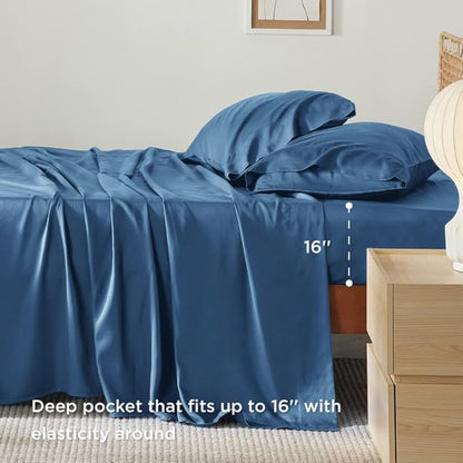 Bedsure Full Size Sheets, Cooling Sheets Full, Rayon Derived from Bamboo, Deep Pocket Up to 16", Breathable & Soft Bed Sheets, Hotel Luxury Silky Bedding Sheets & Pillowcases, Peacock Blue - LeafyLoom