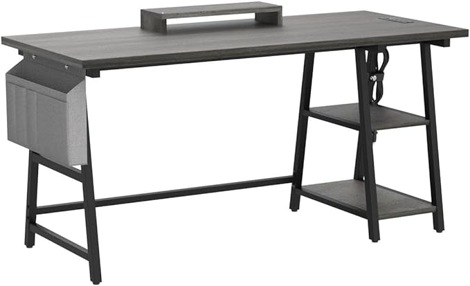 armocity Computer Desk with LED Lights, Reversible Desk with Power Outlet, 55'' Desk with Storage Shelves, Gaming Desk with Moveable Monitor Stand and Storage Bag for Home Office Workstation, Grey - LeafyLoom