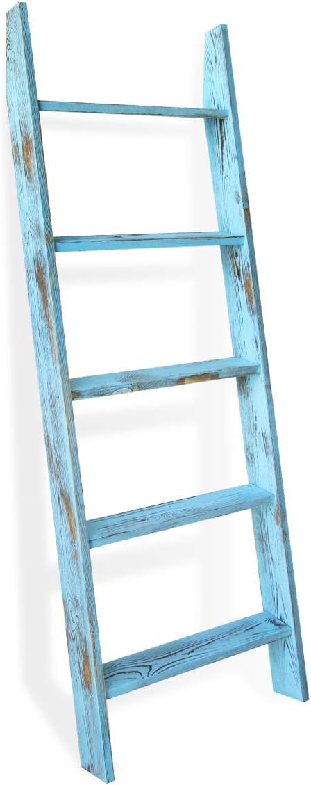 Honest Blanket Ladder for The Living Room, Decorative Wooden Quilt Ladder, 5-Tier Blanket Rack, Farmhouse Decor for Living Room Bedroom Bathroom, Blue - LeafyLoom