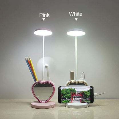 White Desk Lamp for Girls, 5 in 1 Cute Desk Lamp with Pencil Holder, Detachable Mirror, Mini Fan, Phone Holder, USB Charging Port, Eye-Caring Study Table Lamp for Teens Girls Women Dorm Reading - LeafyLoom