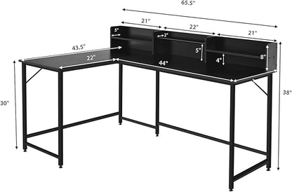 LUARANE 65.5 Inches L-Shaped Desk, Industrial Computer Desk with Hutch File Rack, Space Saving Corner Desk with Metal Frame, Computer Workstation for Home Office (Black) - LeafyLoom