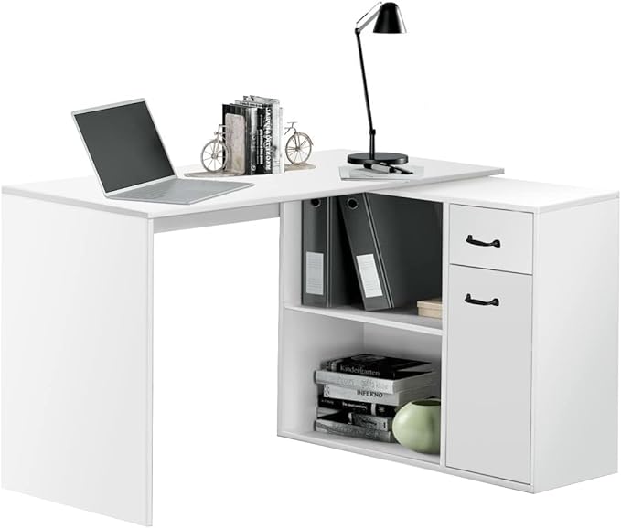 L-Shaped Rotating Computer Desk 68 inch with Storage Shelves Home Office Corner Desk with Drawers and File Cabinet Multipurpose Study Writing Table for Bedroom Small Space White - LeafyLoom