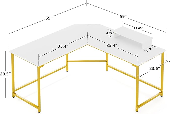 Elephance 59" L Shaped Desk Corner Computer Desk Gaming Table with Monitor Stand Workstation for Home Office (Large, White+ Gold Frame) - LeafyLoom