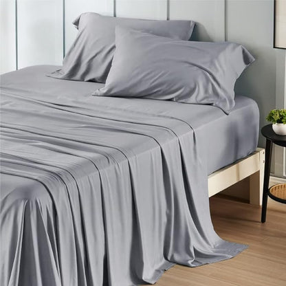 Bedsure Full Size Sheets, Cooling Sheets Full, Rayon Derived from Bamboo, Deep Pocket Up to 16", Breathable & Soft Bed Sheets, Hotel Luxury Silky Bedding Sheets & Pillowcases, Silver Grey - LeafyLoom