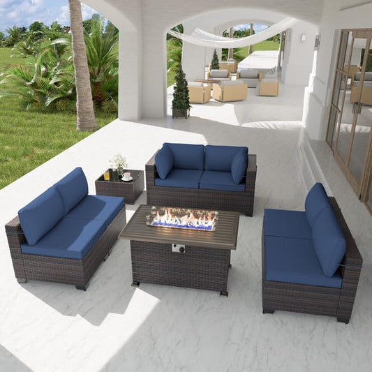 Patio Furniture Set with Fire Pit Table 8-Piece Outdoor Sectional Furniture Outdoor Rattan Patio Conversation Sets with 43in 55,000 BTU Propane Gas Fire Pit Table Glass Table, Navy Blue - LeafyLoom