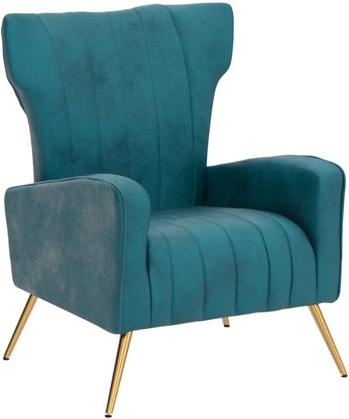 Armchair Modern Velvet Accent Chair, Channel Tufted Bedroom, Office or Living Room Furniture with Elegant Metal Legs, Blueish Green - LeafyLoom