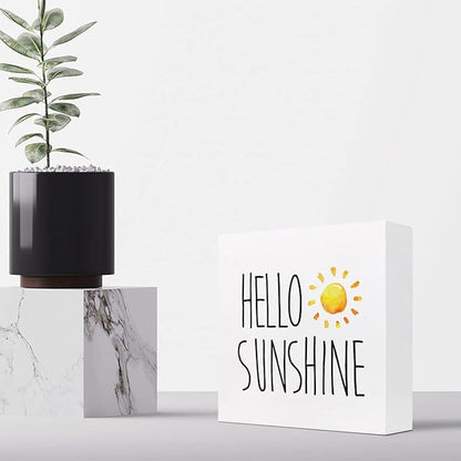 Hello Sunshine Wood Box Sign Decor Desk Sign,Farmhouse Rustic Summer Sunshine Wooden Box Block Sign for Home Office Shelf Table Decor Decorations - LeafyLoom