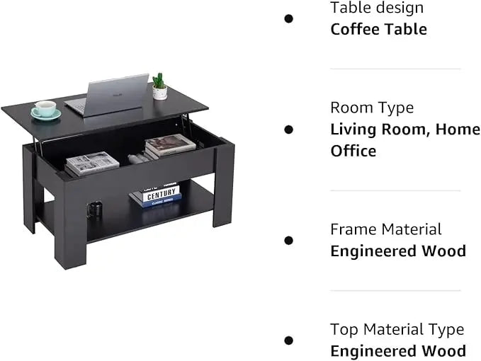 FDW Lift Top Coffee Table with Hidden Compartment and Storage Shelf Wooden Lift Tabletop for Home Living Room Reception Room Office (Black) - LeafyLoom