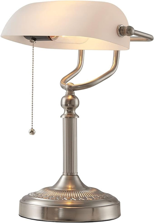 Newrays White Matted Glass Bankers Desk Lamp with Pull Chain Switch Plug in Fixture,Sand Nickel Base - LeafyLoom