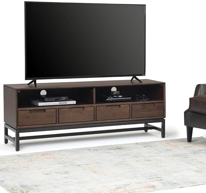 SIMPLIHOME Banting SOLID HARDWOOD 60 Inch Wide Industrial TV Media Stand in Walnut Brown for TVs up to 65 Inch, For the Living Room and Entertainment Center - LeafyLoom