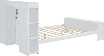 Merax Full Size Bed Frame with Storage,Kids Platform Bed with Cabinets and Shelves On Headboard and Footboard,Bookcase Headboard & USB Ports - LeafyLoom