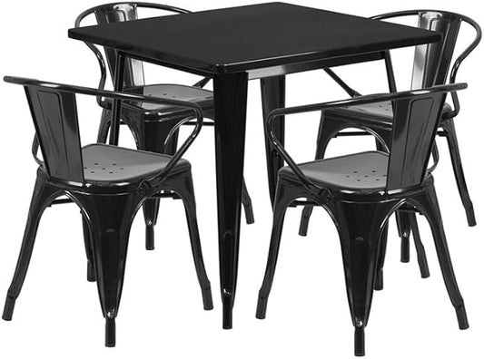 Flash Furniture Commercial Grade 31.5" Square Black Metal Indoor-Outdoor Table Set with 4 Arm Chairs - LeafyLoom