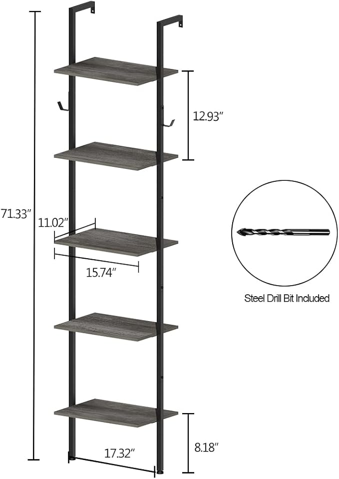 Retro Bookshelf Wall Mounted 5-Tiers Ladder Shelf Dark Grey Narrow Thin Bookshelf Farm House Open Display Storage Rack for Living Room Bedroom Home Office - LeafyLoom