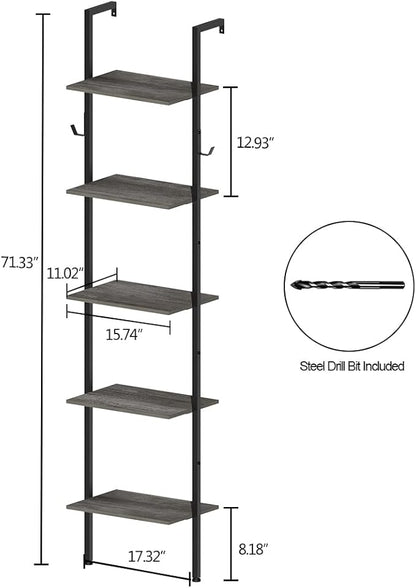 Retro Bookshelf Wall Mounted 5-Tiers Ladder Shelf Dark Grey Narrow Thin Bookshelf Farm House Open Display Storage Rack for Living Room Bedroom Home Office - LeafyLoom