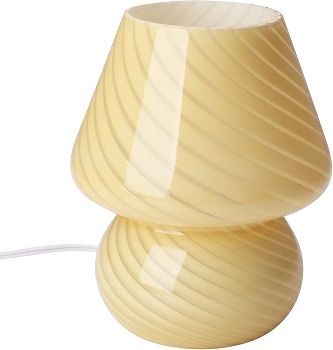 BSOD Glass Mushroom Bedside Table Lamp, Yellow Translucent Murano Vintage Style Striped Small Nightstand Desklamp Swirl Light for Home Decor, Dining, Living, Bedroom, Gift (Stripe Yellow) - LeafyLoom