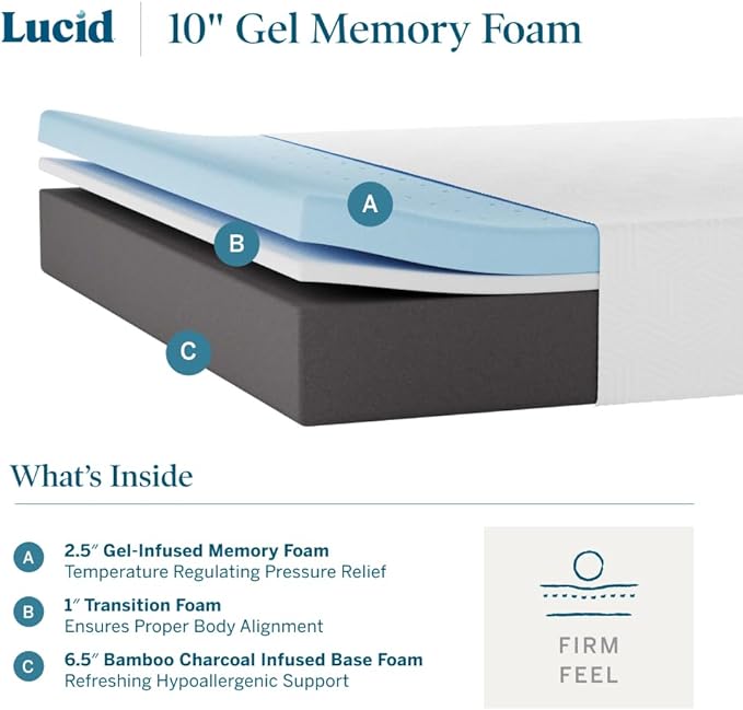 LUCID 10 Inch Memory Foam Mattress - Firm Feel - Infused with Bamboo Charcoal and Gel - Bed in a Box - Temperature Regulating - Pressure Relief - Breathable - Full Size - LeafyLoom