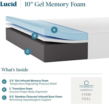 LUCID 10 Inch Memory Foam Mattress - Firm Feel - Infused with Bamboo Charcoal and Gel - Bed in a Box - Temperature Regulating - Pressure Relief - Breathable - Full Size - LeafyLoom