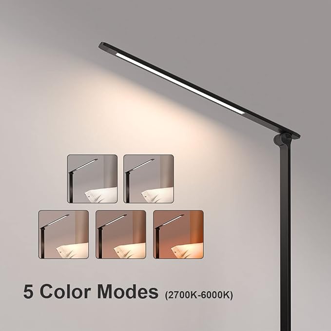 LED Desk Lamp with USB Charging Port, Touch Control Dimmable Office Lamp, 5 Color Modes 6 Brightness Levels Eye-Caring Table Lamp for Home Office Bedroom Reading Study, Black - LeafyLoom