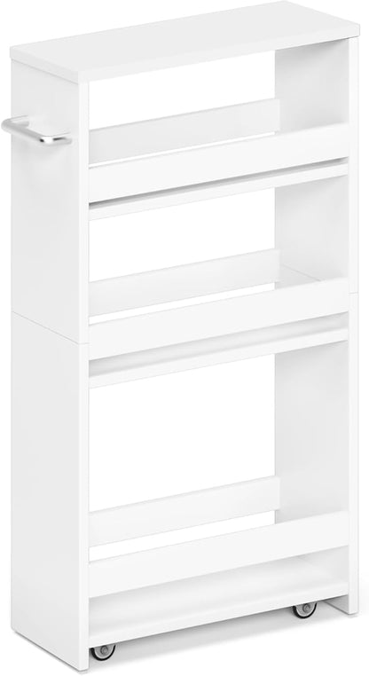 MARTY White Slim Storage Cart with Wheels, 4 Tier Rolling Utility Cart with Handle Slide Out Shelving Unit Organizer Trolley for Laundry Kitchen Bathroom Narrow Places Small Corner - LeafyLoom