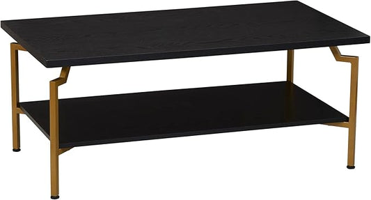 Household Essentials Crown Rectangular Coffee Table with Storage Shelf Black Oak Wood Grain and Gold Metal - LeafyLoom