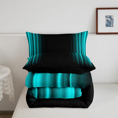 Geometric Abstract Ombre Comforter Set Kids Teens Teal and Black Striped Bedding Bed Set Decor Modern Fashion Comforter Inner Fill Bedroom Collection 3Pcs King Size - LeafyLoom