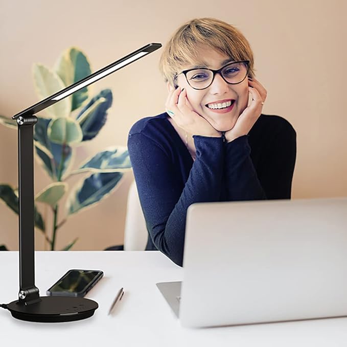 LED Desk Lamp with USB Charging Port, Touch Control Dimmable Office Lamp, 5 Color Modes 6 Brightness Levels Eye-Caring Table Lamp for Home Office Bedroom Reading Study, Black - LeafyLoom