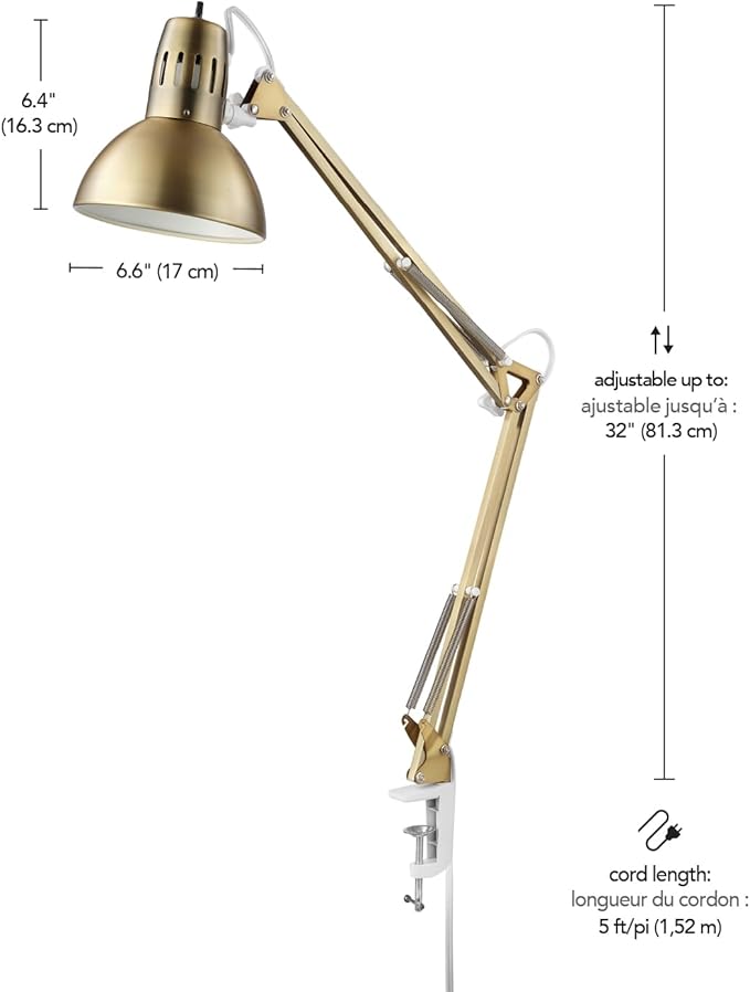 Globe Electric 62000010 32" Multi-Joint Desk Lamp with Metal Clamp, Matte Brass, White Accents, On/Off Rotary Switch on Shade, Partially Adjustable Swing Arm, Home Décor, Office Accessory - LeafyLoom