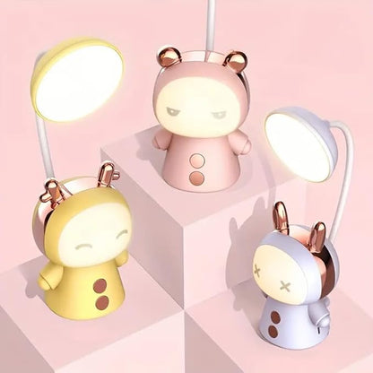 Cute Cartoon Kids Desk Lamp with Night Light - 360° Goose Neck LED Flexible Reading Light for Bedroom - Children Bedside Study Table Lamp (Pink Bear) - LeafyLoom