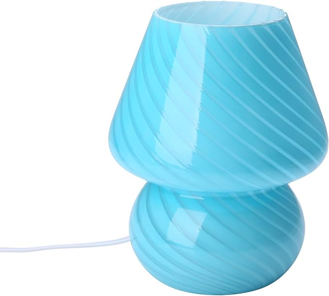 Mushroom Lamp,Glass Arctic Blue Mushroom Bedside Table Lamps Vintage Translucent Murano Style Striped Small Nightstand Desklamp Swirl Light for Home Decor, Dining, Living, Bedroom, Gift (Stripe Blue) - LeafyLoom