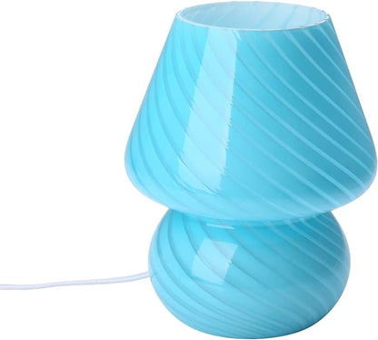 Mushroom Lamp,Glass Arctic Blue Mushroom Bedside Table Lamps Vintage Translucent Murano Style Striped Small Nightstand Desklamp Swirl Light for Home Decor, Dining, Living, Bedroom, Gift (Stripe Blue) - LeafyLoom