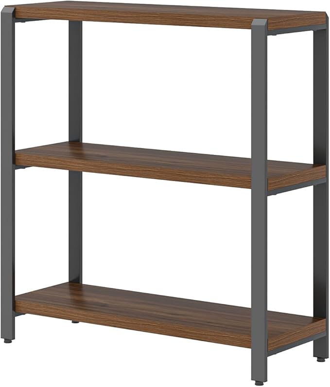 FOLUBAN Small Bookshelf and Bookcase, 3 Tier Low Short Book Shelf, Industrial Metal and Wood Book Case for Living Room Bedroom, Rustic Walnut - LeafyLoom