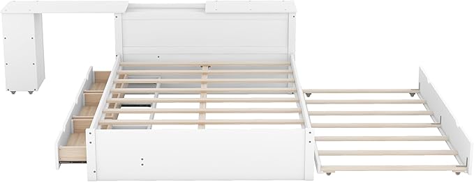 Wood Full Size Platform Bed with Headboard W/Build-in Rolling Desk, Full Bed Frame with Trundle Bed and Storage Drawers for Teens Kids Adults, No Box Spring Needed, White - LeafyLoom