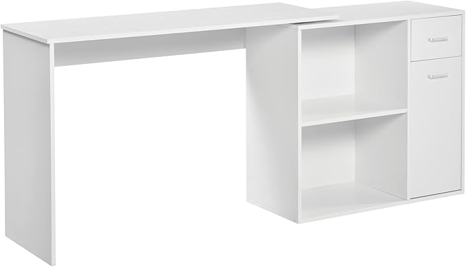 HOMCOM L Shaped Computer Desk, 180° Rotating Corner Desk with Storage Shelves, Drawer and Cabinet, Study Workstation for Home Office, White - LeafyLoom