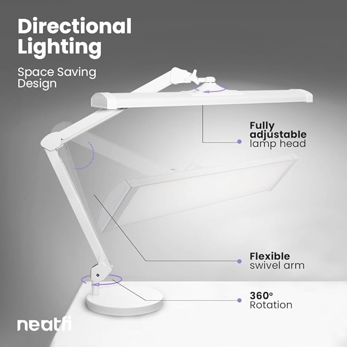 Neatfi Ultra 3,500 Lumen LED Desk Lamp, Color Correlated Temperature, 3 Light Modes, Dimmable, 45W, 26 Inch Wide Metal Shade, 540 SMD LEDs (CCT with Base, White) - LeafyLoom