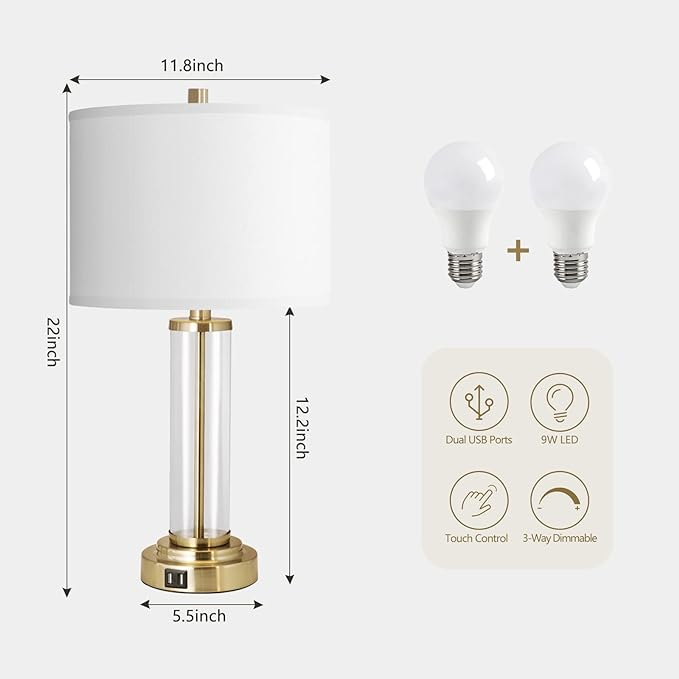 QiMH Lamps for Bedrooms Set of 2, Touch Control Table Lamps with Dual USB Ports, 3-Way Dimmable Bedside Lamp with Fabric Lampshade, Modern Nightstand Lamp for Living Room Bedroom (LED Bulbs Included) - LeafyLoom