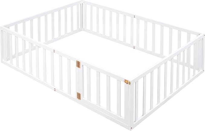 Multifunctional Full Size Floor Bed with Safety Guardrails and Door, Montessori Sturdy Solid Wood Beds Frame, Easy Assembly and No Spring Need, for Boys and Girls Room, White - LeafyLoom