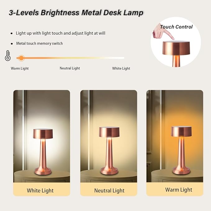 Portable LED Table Lamp, 3-Levels Brightness Metal Desk Lamp, 3 Color Touch Control Rechargeable Lamp, Night Light, Bedside Lamp,Dining Room Lamp,Gifts for Friends (Rose Gold) - LeafyLoom