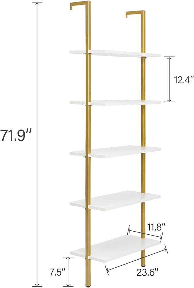 SUPERJARE Modern Ladder Shelf, 5-Tier Open Wall-Mounted Bookshelf with Stable Metal Frame, 72 Inches Storage Rack Shelves, Stand Bookcase for Home Office - White/Gold - LeafyLoom