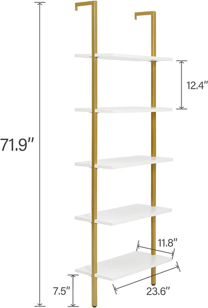 SUPERJARE Modern Ladder Shelf, 5-Tier Open Wall-Mounted Bookshelf with Stable Metal Frame, 72 Inches Storage Rack Shelves, Stand Bookcase for Home Office - White/Gold - LeafyLoom