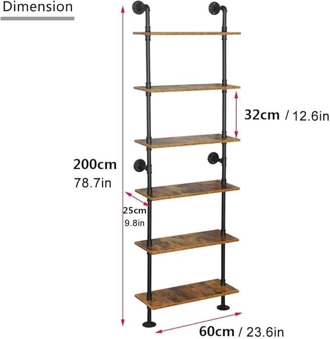 Industrial Pipe Shelving, 6-Tier Pipe Shelves Ladder Shelf, Modern Bookcase Wall Mount Bookshelf with Metal Frame, Book Shelves Wall Decor Wood Shelves for Home, Living Room, Office(23.6x9.8x78.8) - LeafyLoom