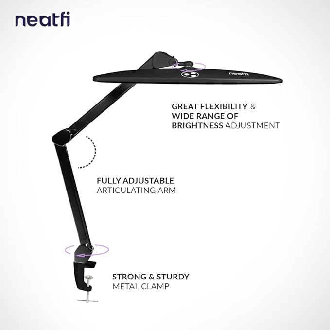 Neatfi Elite HD XL Task Lamp, 1360 Lumens, 84PCS SMD LED, 6500K, Super Bright Desk Lamp, Non-polar Dimming (Non-CCT with Clamp, Black, 22 Inches) - LeafyLoom