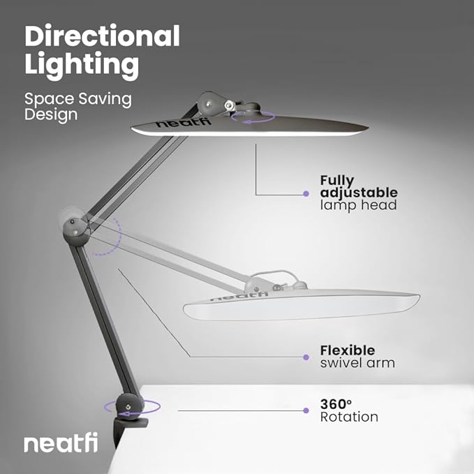 Neatfi XL 2,200 Lumens LED Task Lamp, 24W Super Bright Desk Lamp, 117 Pcs SMD LED, 4 Level Brightness, Dimmable, Task LED Light for Home, Office, Workbench (Non-CCT, Silver) - LeafyLoom